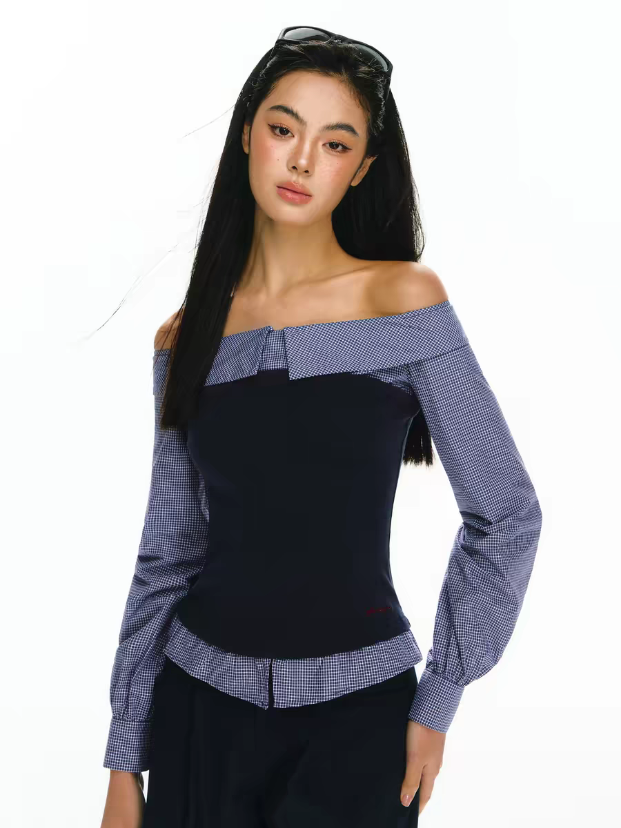 Темно-синий костюм с открытыми плечами - топ