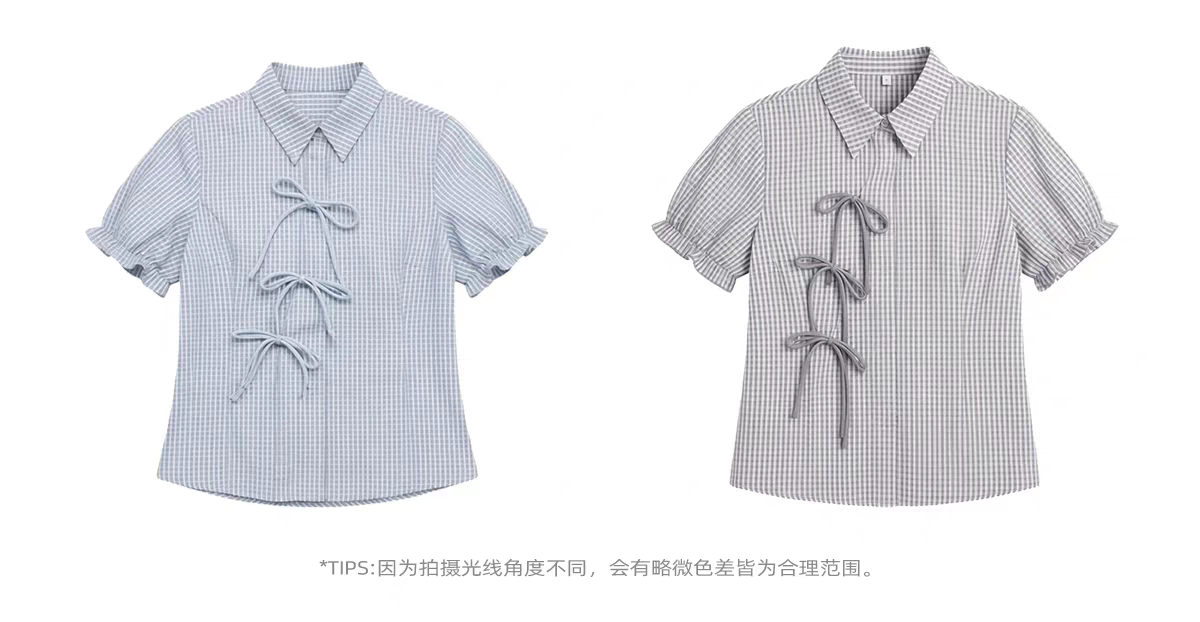 Клетчатая рубашка приталенная с завязками и пышными рукавами детальное фото 2