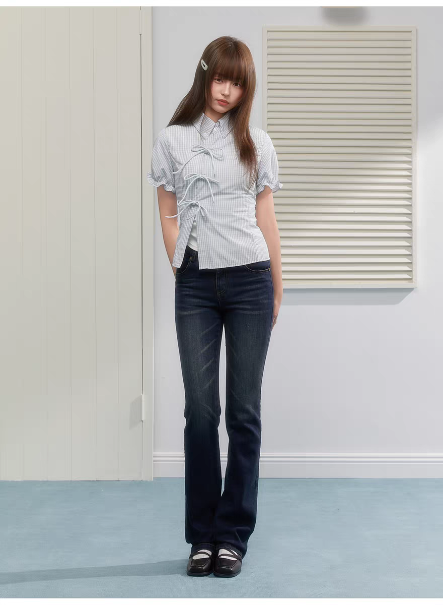 Клетчатая рубашка приталенная с завязками и пышными рукавами детальное фото 5