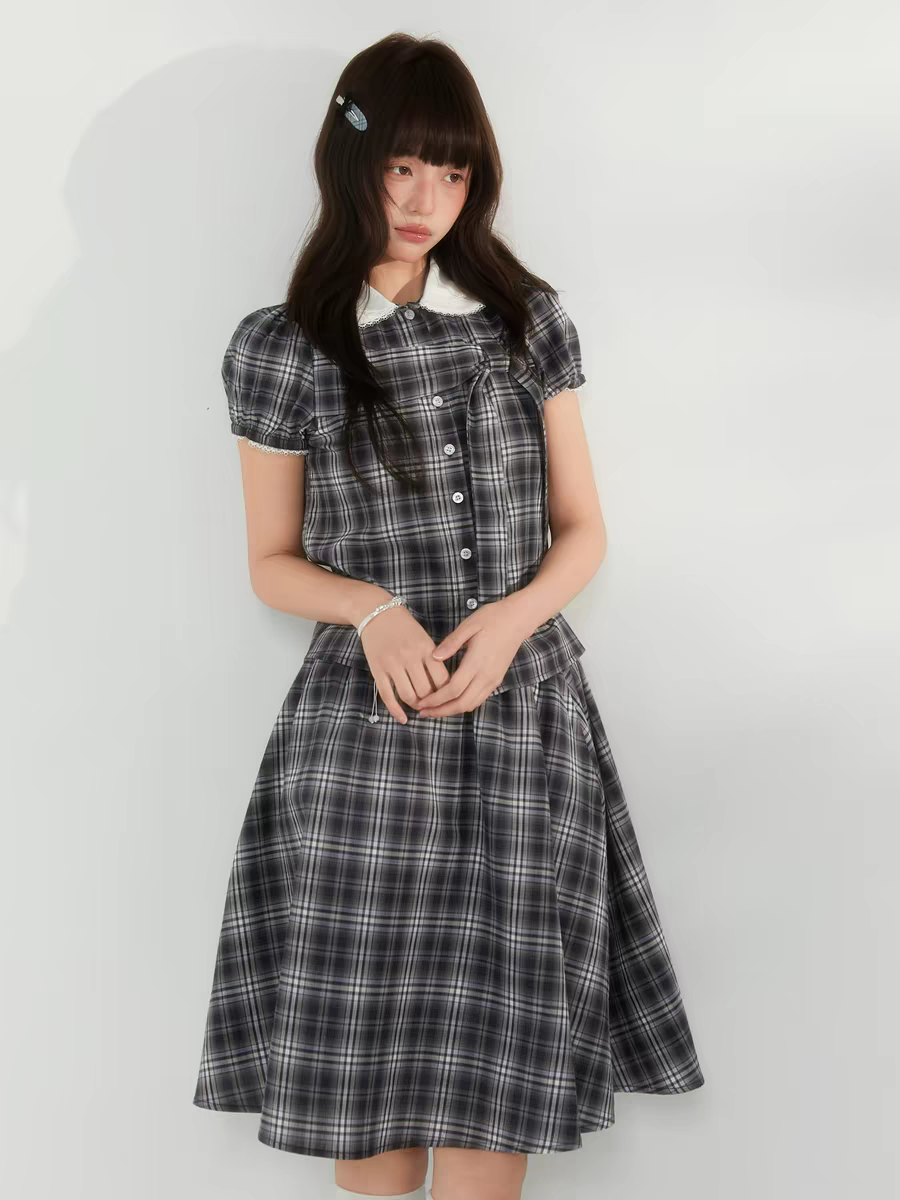 Комплект «Черно-белая клетка» с воротничком и завязками - топ