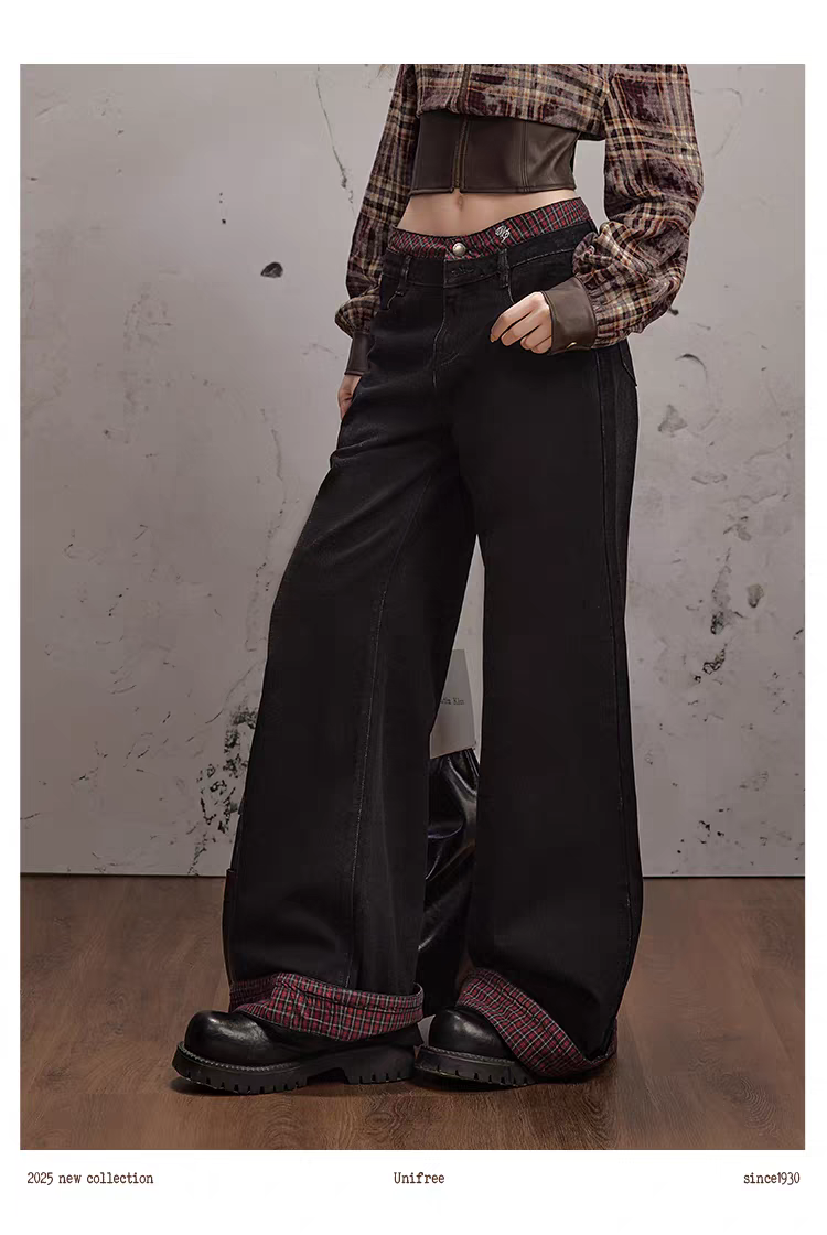 Чёрные брюки в клетку с отворотами детальное фото 10