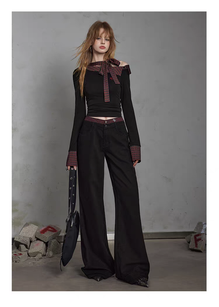 Чёрные брюки в клетку с отворотами детальное фото 12