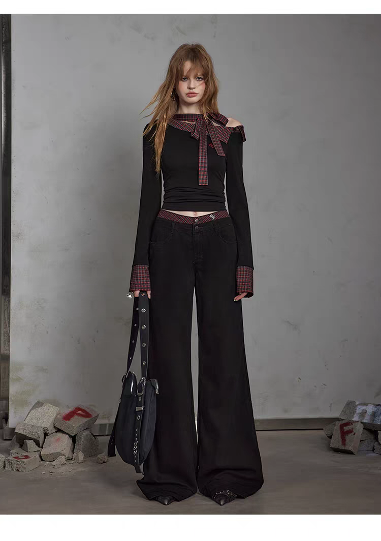 Чёрные брюки в клетку с отворотами детальное фото 14