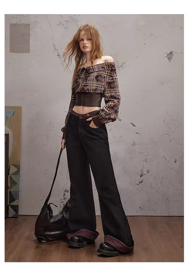 Чёрные брюки в клетку с отворотами детальное фото 17