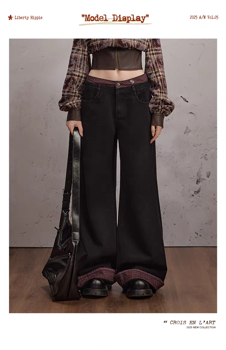 Чёрные брюки в клетку с отворотами детальное фото 8