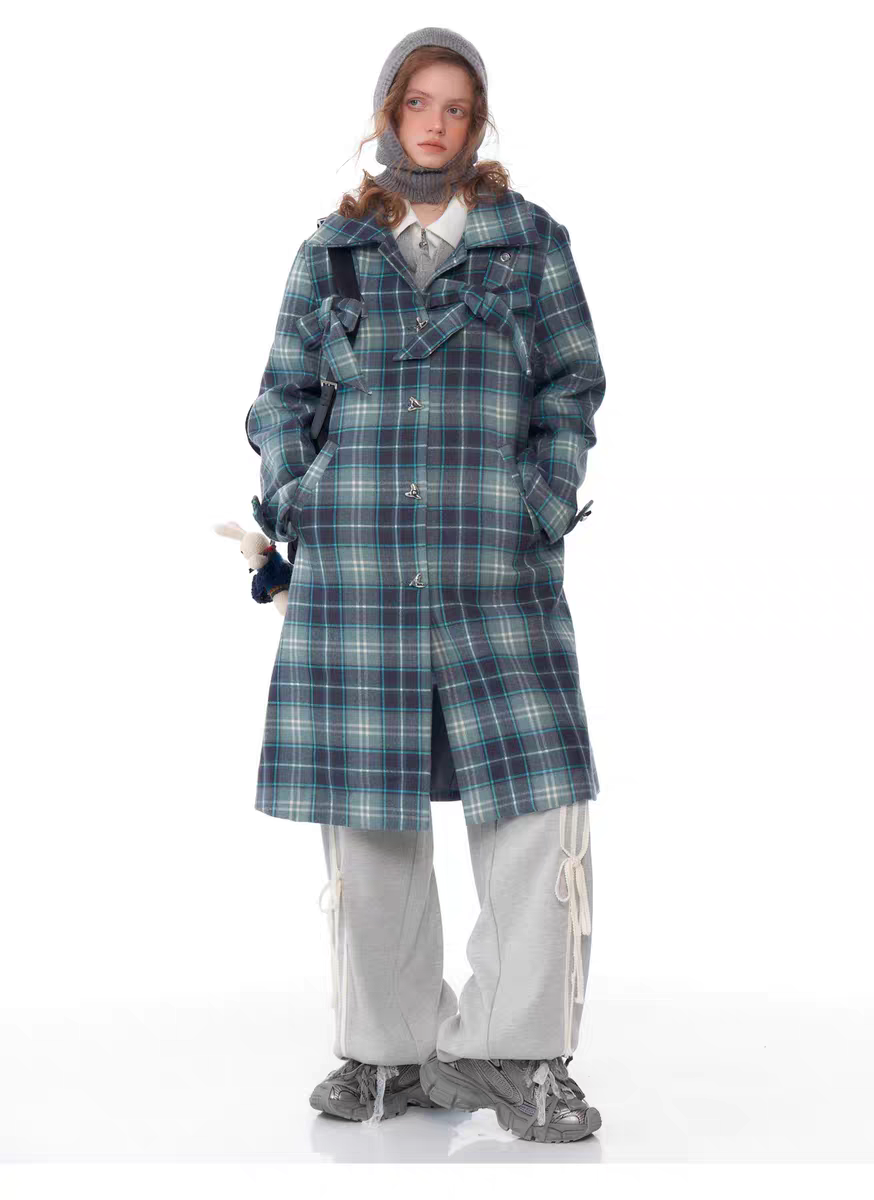 Пальто с бантом в клетку детальное фото 9