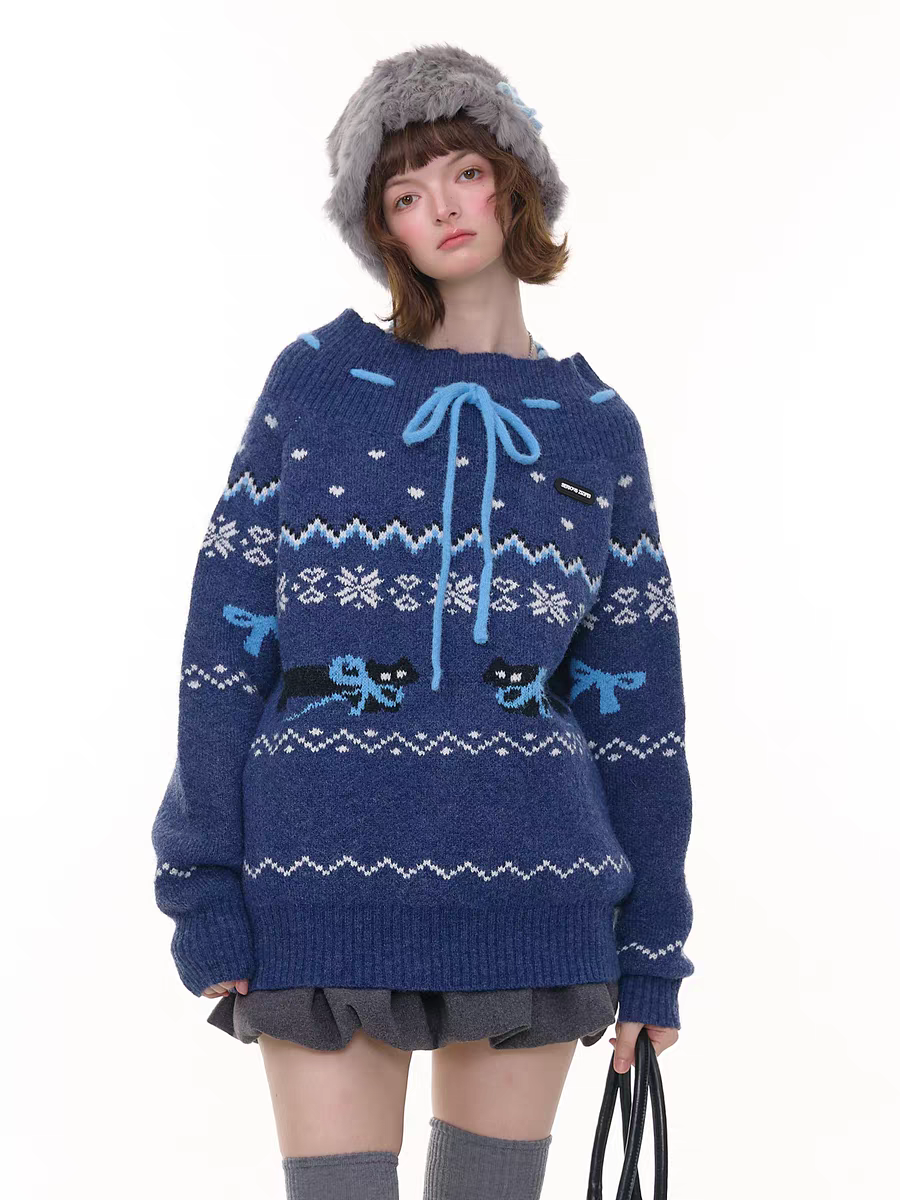 Свитер с бантом и норвежским узором детальное фото 12