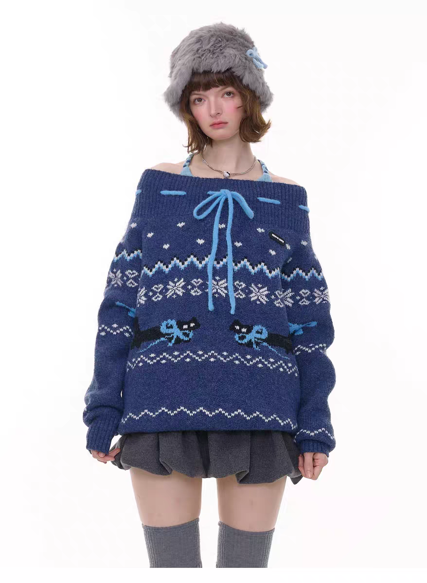 Свитер с бантом и норвежским узором детальное фото 4