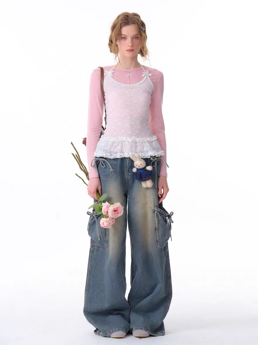 Джинсы карго с бантом и высокой талией детальное фото 14